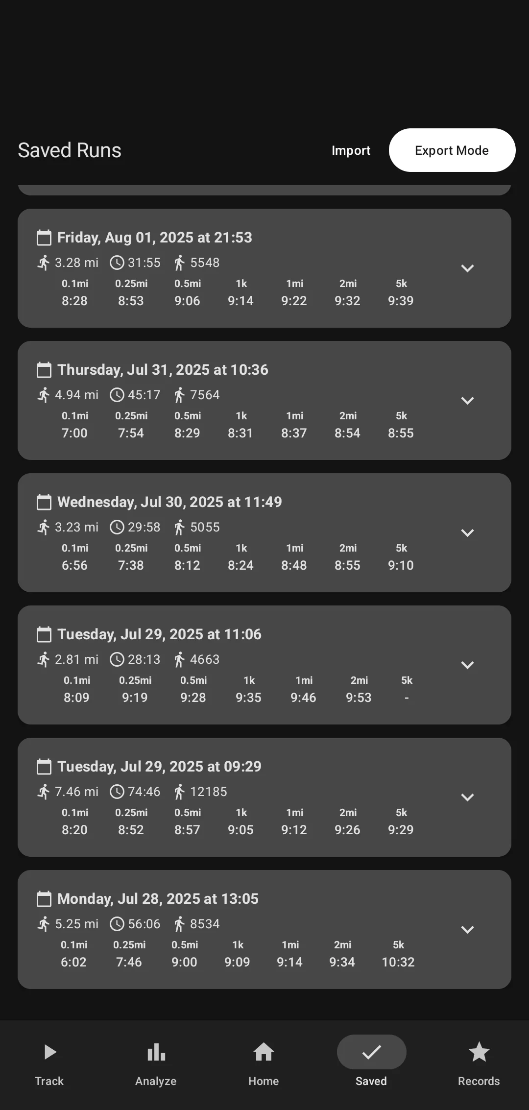 A list of saved runs with distance, time, and split paces